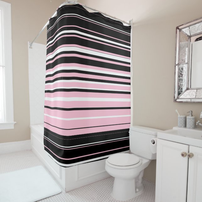 Black, White and Pink Horizontal Line Shower Curtain (In Situ)