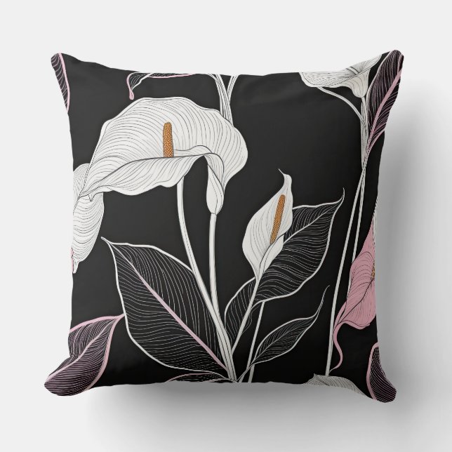 Black, white and Pink Lilies Cushion (Front)