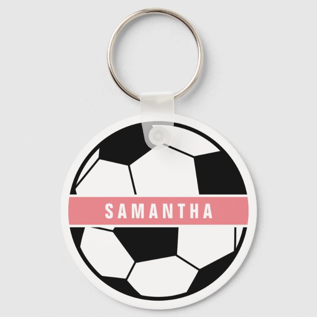 Black White and Pink Modern Sporty Soccer Monogram Key Ring (Front)