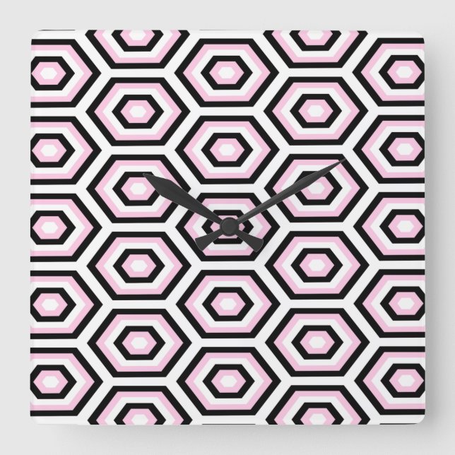Black, White and Pink Octagon Square Wall Clock (Front)