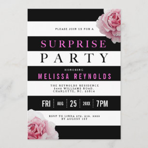 Black White and Pink Roses Surprise Party Invitation