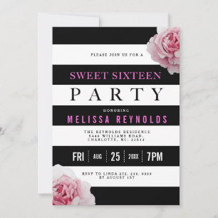 Black White and Pink Roses Sweet 16 Party Invitation