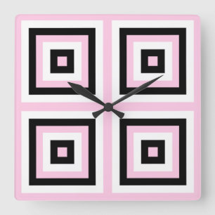 Black, White and Pink Squares Square Wall Clock