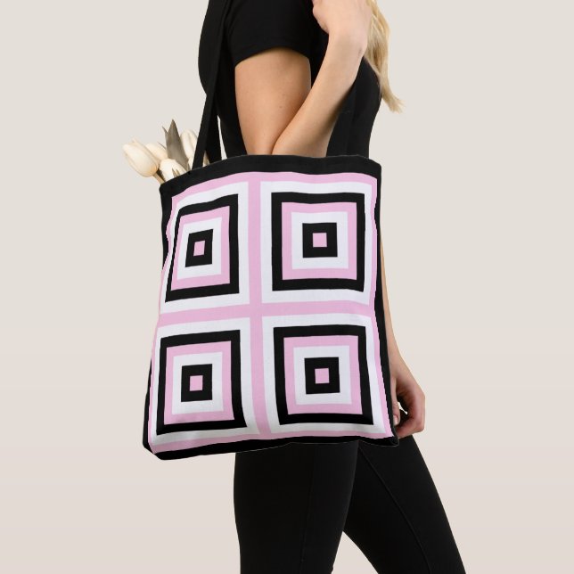 Black, White and Pink Squares Tote Bag (Close Up)