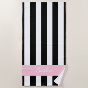 Black White and Pink Striped Beach Towel