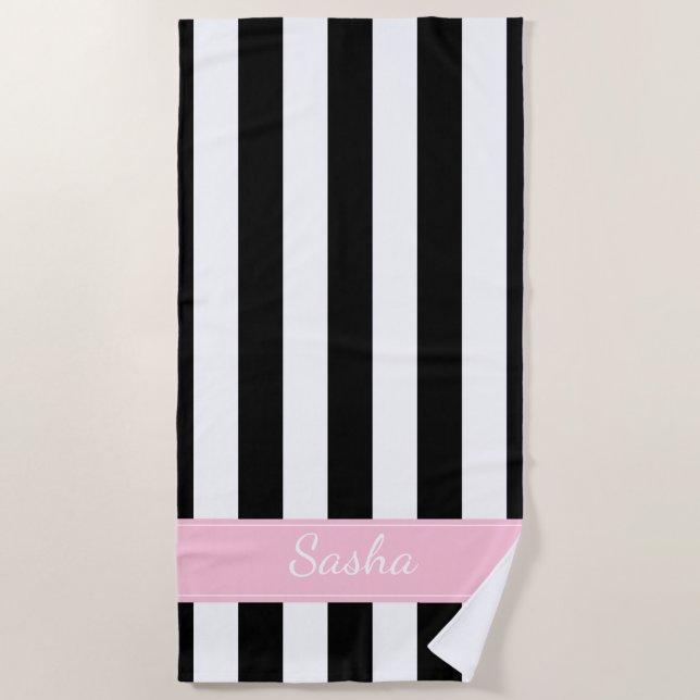 Black White and Pink Striped Beach Towel (Front)
