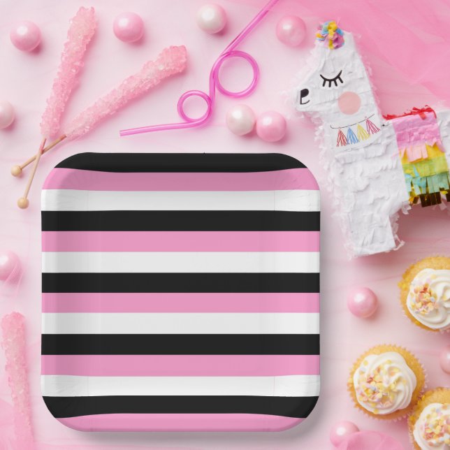 Black, White and Pink Stripes  Paper Plate (Party)