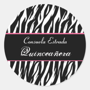 Black White and Pink Zebra Quinceanera Round Classic Round Sticker