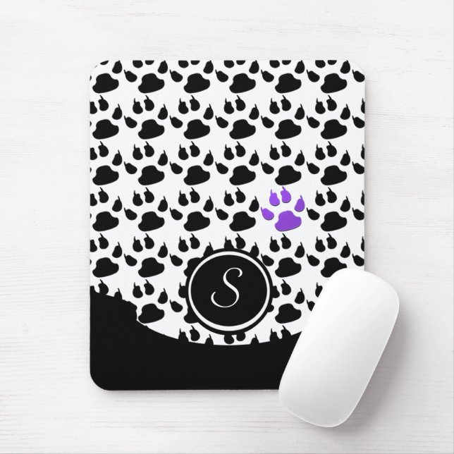 Black, White and Purple Paw Print Mouse Mat (With Mouse)