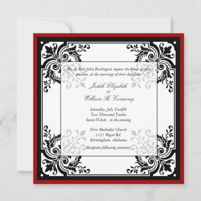 Black, White, and Red Baroque Wedding Invitation (Front)