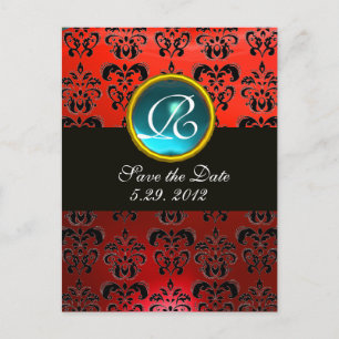 BLACK WHITE AND RED DAMASK BLUE GEM Monogram Announcement Postcard