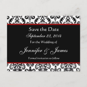 Black White and Red Damask Save Date Postcard