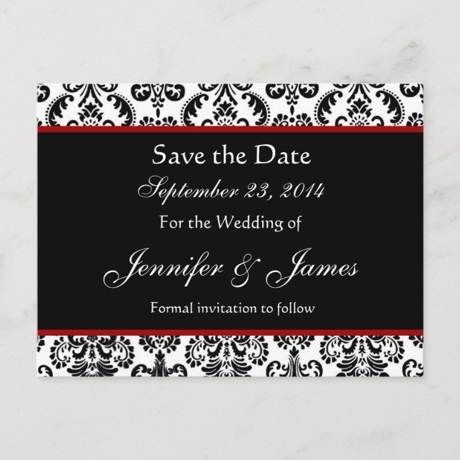 Black White and Red Damask Save Date Postcard (Front)