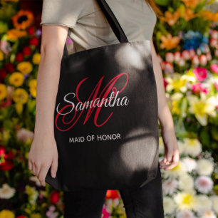 Black White and Red Fancy Monogram Maid of Honour Tote Bag