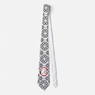 Black White and Red Heart Damask Tie