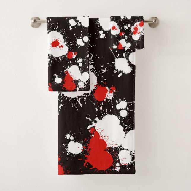 Black, White and Red Paint Splatter Bath Towel Set (Insitu)