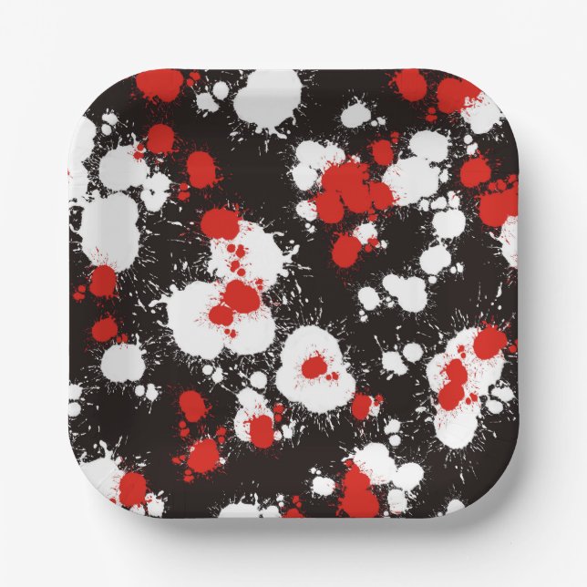 Black, White and Red Paint Splatter Paper Plate (Front)