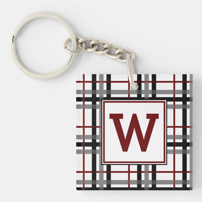 Black White and Red Plaid Acrylic Keychain (Front)
