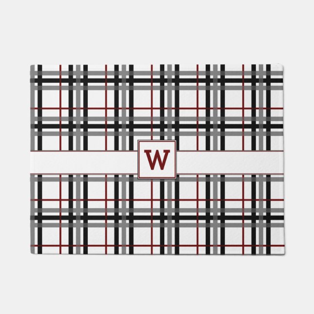 Black White and Red Plaid Doormat (Front)