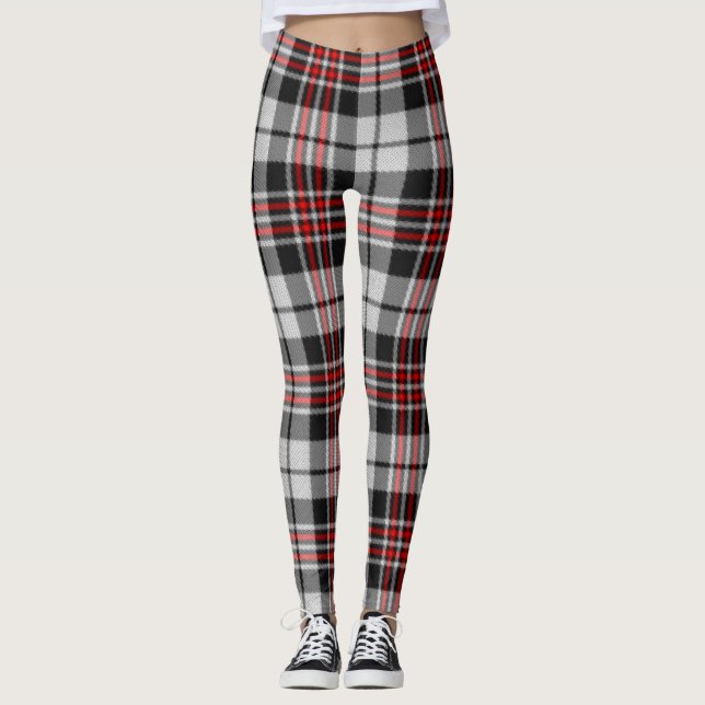 Black White and Red Plaid Leggings (Front)