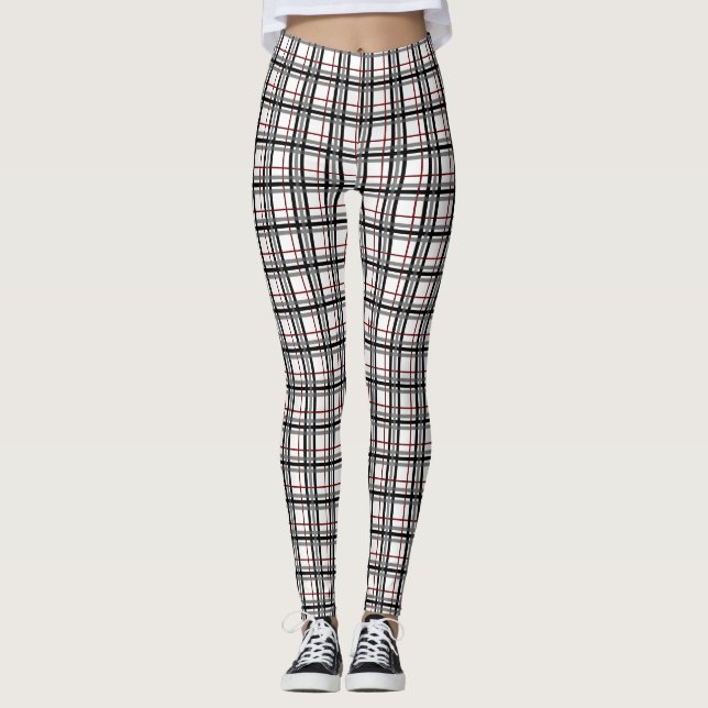 Black White and Red Plaid Leggings (Front)