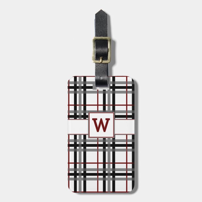 Black White and Red Plaid Luggage Tag (Front Vertical)