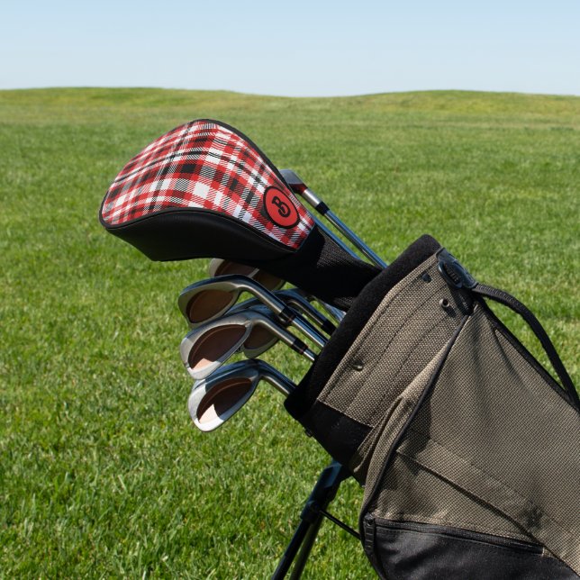 Black white and red plaid pattern golf head cover (In Situ)