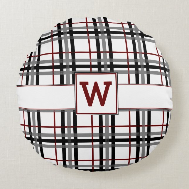 Black White and Red Plaid Round Pillow (Front)