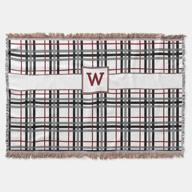 Black White and Red Plaid Throw Blanket (Front)