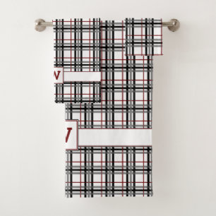 Black White and Red Plaid Towel Set