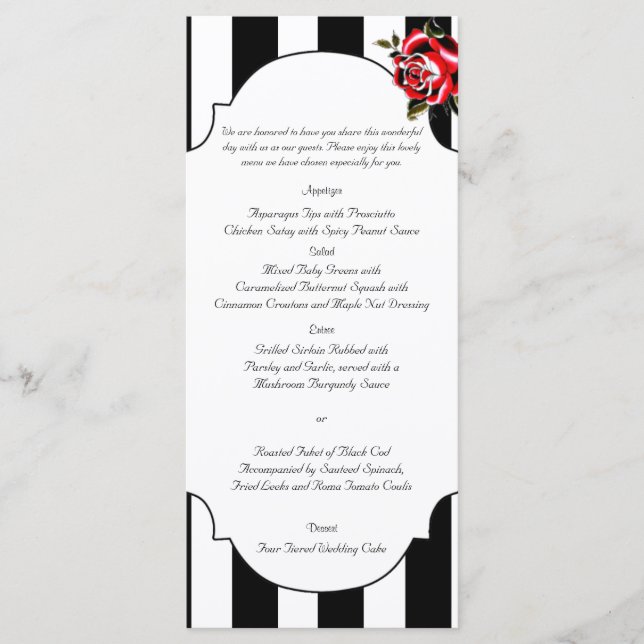 Black White and Red Rose Wedding Menu (Front)