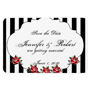 Black White and Red Rose Wedding Save the Date Magnet