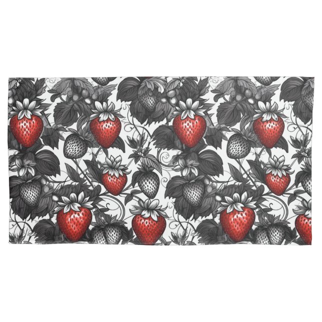 Black, White, and Red Strawberries All Over Pillowcase (Front-Left)