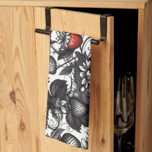 Black, White, and Red Strawberries All Over Tea Towel
