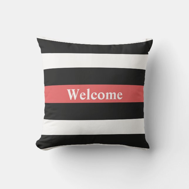 Black White and Red Striped Welcome Outdoor Pillow (Front)