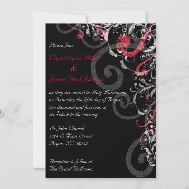 Black, White and Red Wedding Invitation (Front)