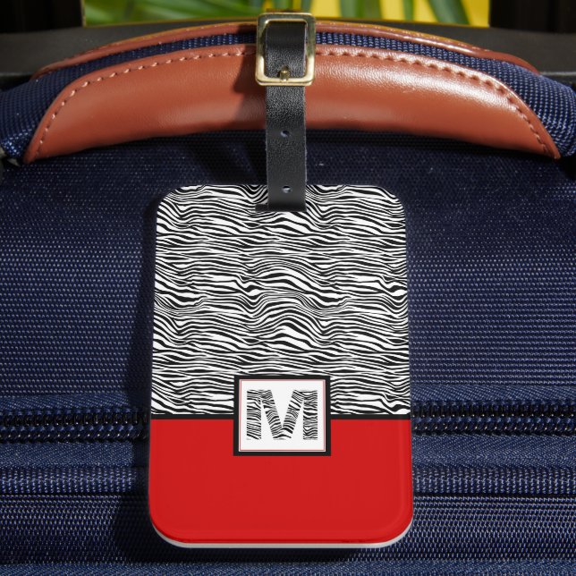 Black White and Red 🦓 Zebra Monogram Luggage Tag (Front Insitu 2)
