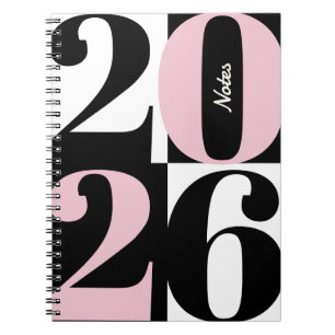 Black White and Rose Pink Bold Year Color Block Notebook