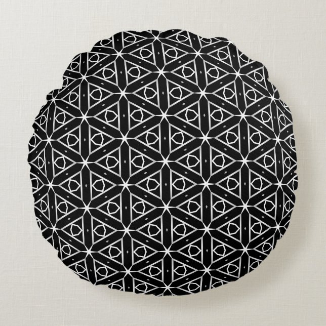 Black White and Silver Geometric pattern Round Cushion (Front)
