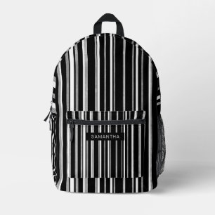 Black, White and Silver Vertical Lines Printed Backpack