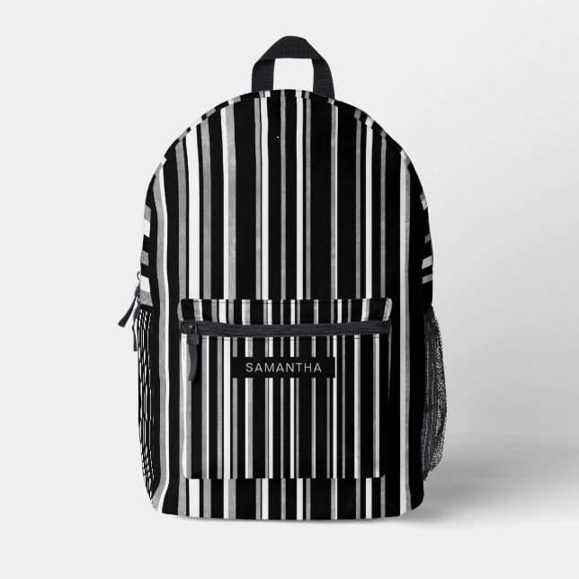 Black, White and Silver Vertical Lines Printed Backpack (Front)