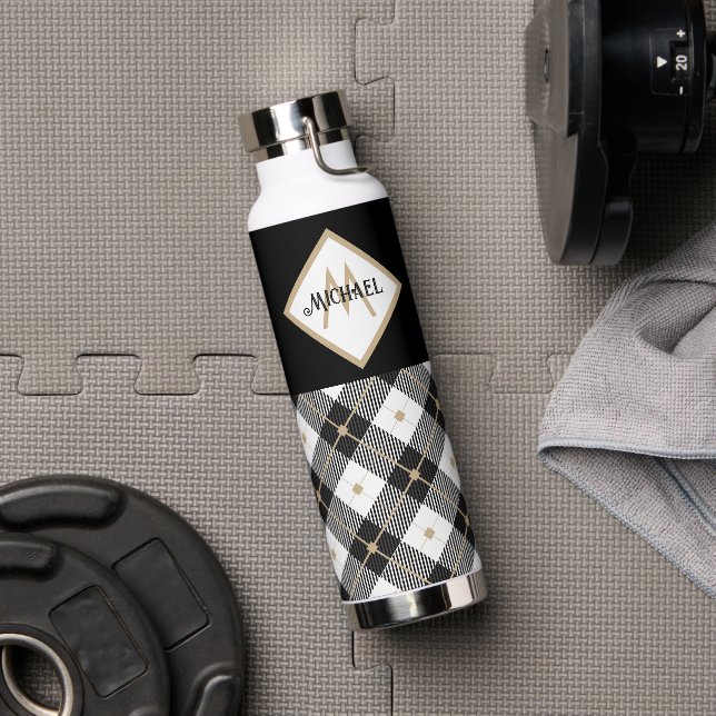 Black White and Tan Lumberjack Plaid Monogrammedc Water Bottle (Gym)