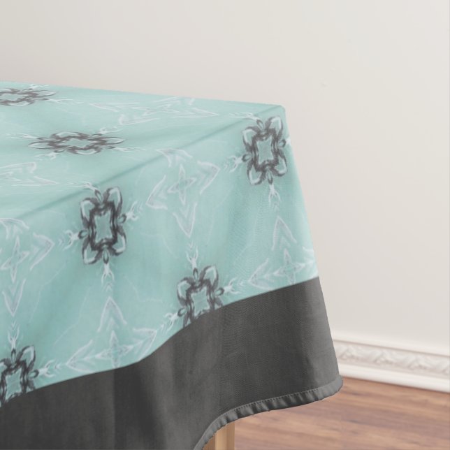 Black, White, and Teal Diamond Facets Tablecloth (In Situ)