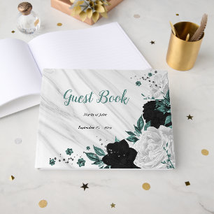 black white and teal flowers grey botanical marble guest book