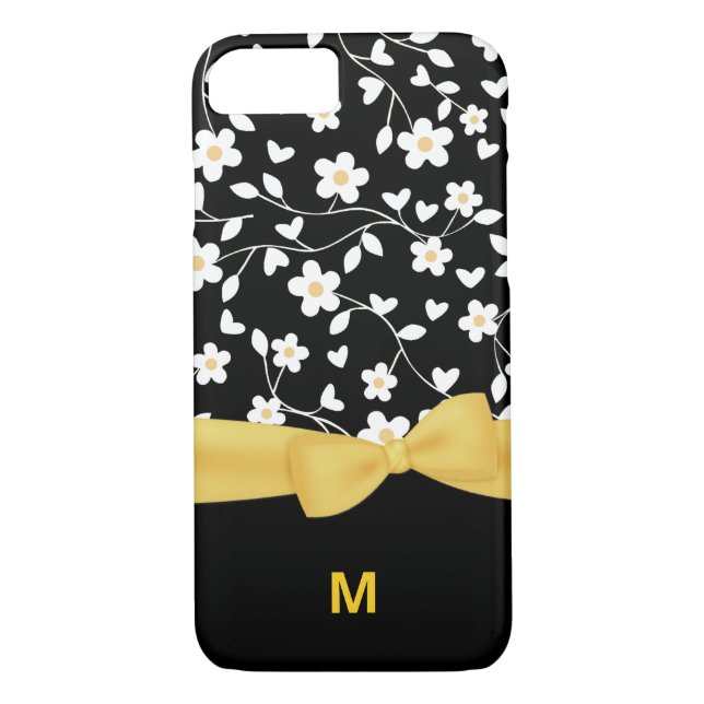 Black White and Yellow Flowers Monogrammed Case-Mate iPhone Case (Back)