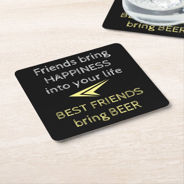 Black white and yellow with beer quote square paper coaster (Angled)