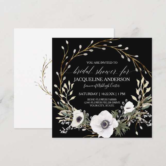 Black White Anemone Eucalyptus Greenery Bridal Tea Invitation (Front/Back)
