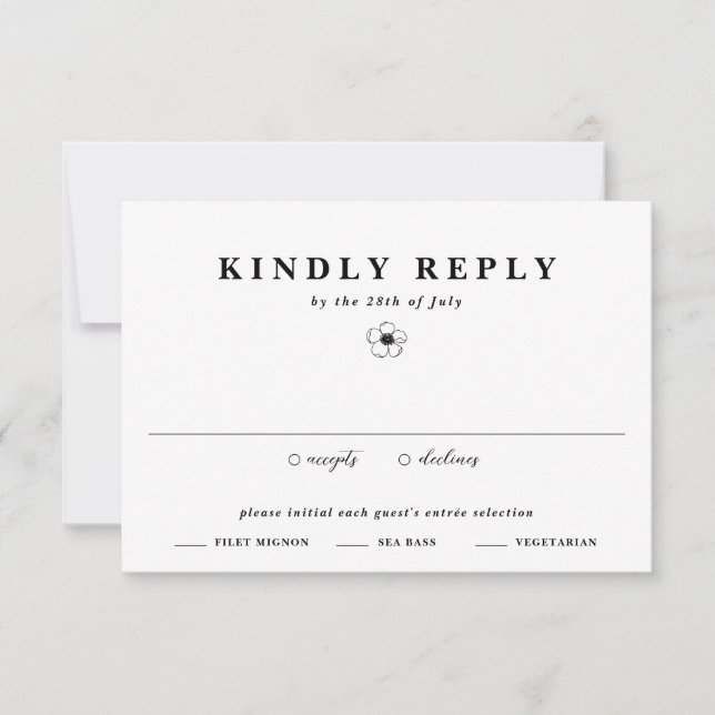 Black & White Anemone Flower Ivory Floral Wedding  RSVP Card (Front)