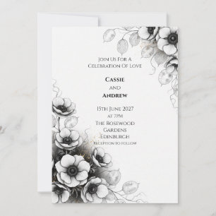 Black White Anemone Lunaria Gold Wedding Invitation