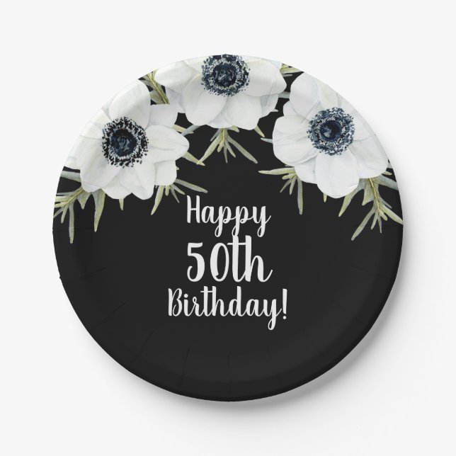 Black & White Anemones Botanical Floral Paper Plate (Front)